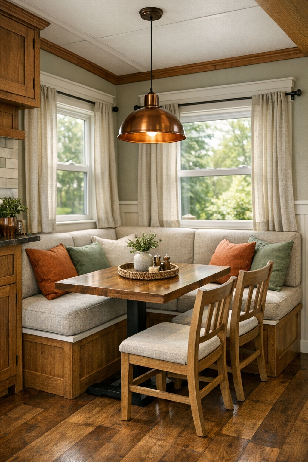 Cozy dining nook with built-in banquette, wood table, and copper pendant light