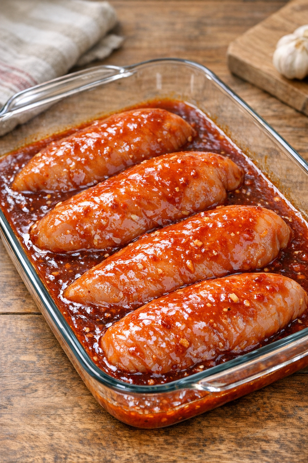 Chicken breasts coated with sauce in casserole dish