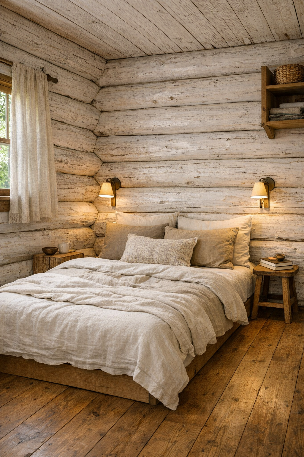 Serene tiny cabin bedroom with layered neutral bedding and whitewashed logs
