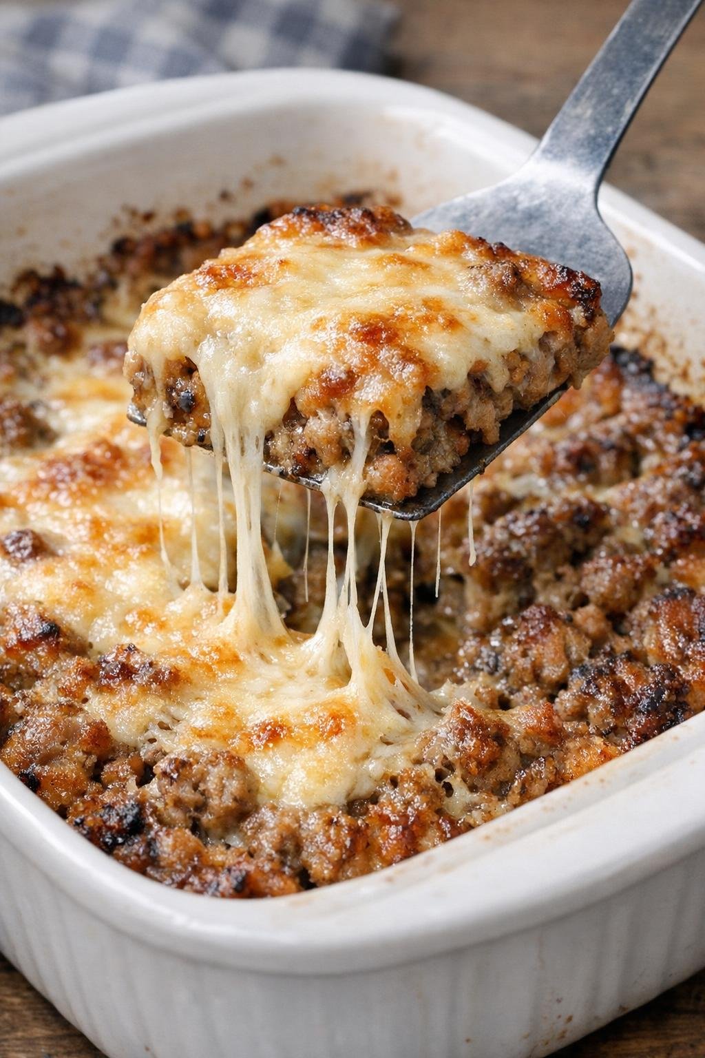 Low carb sausage bake in a casserole dish with a cheese pull