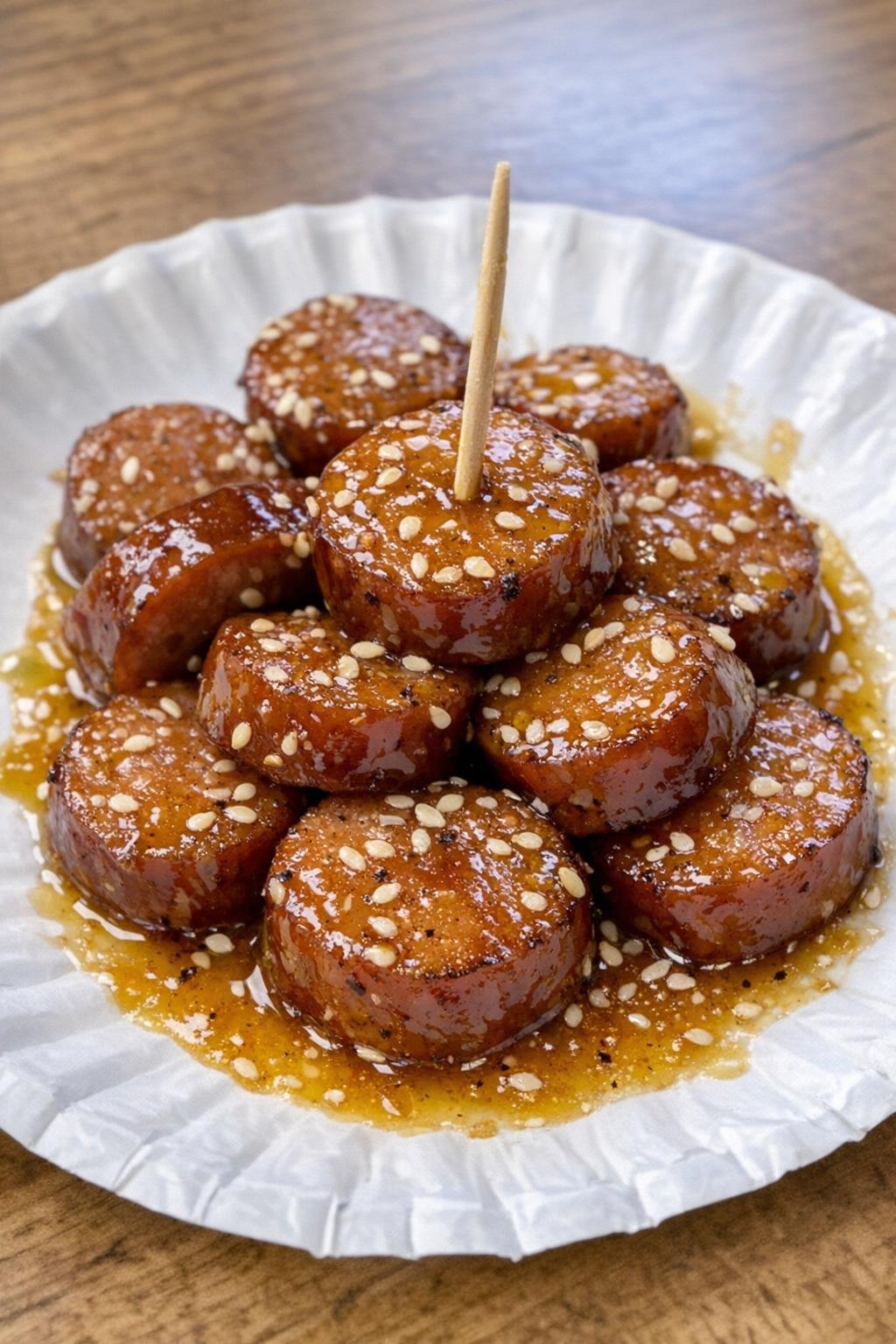 Slow cooker honey mustard sausage bites on a white paper plate