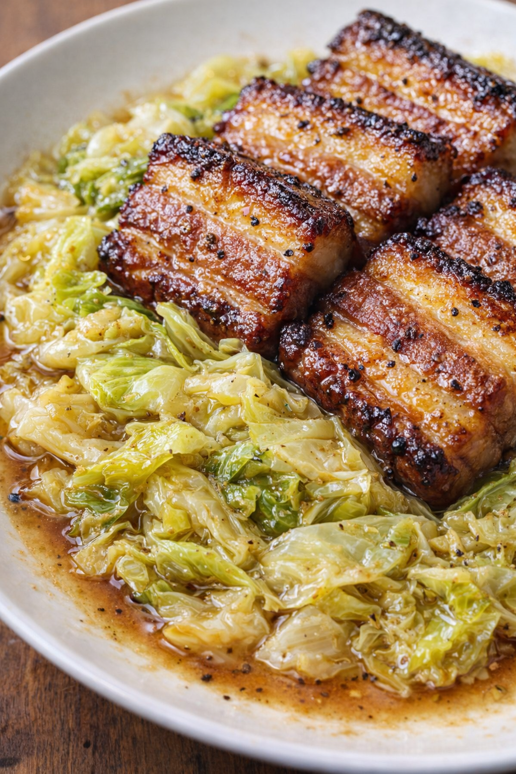 Close-up of glossy cabbage and pork belly with pan juices