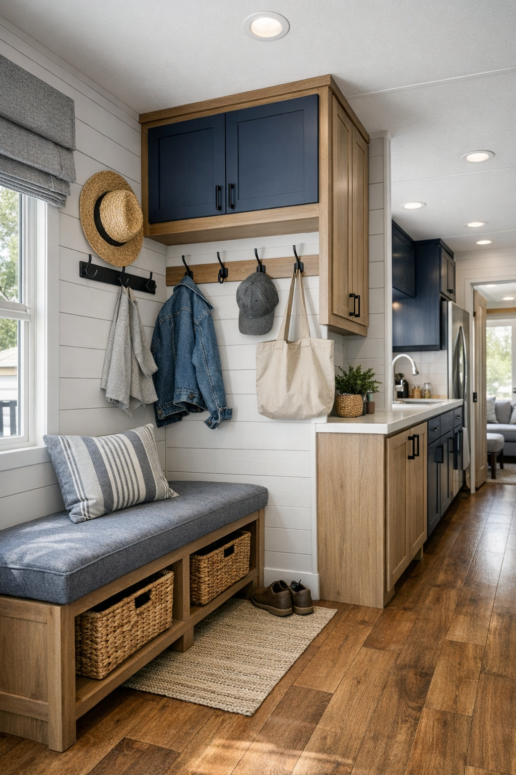 Thoughtful small-space interior with built-in storage, an entry bench, and cohesive modern finishes