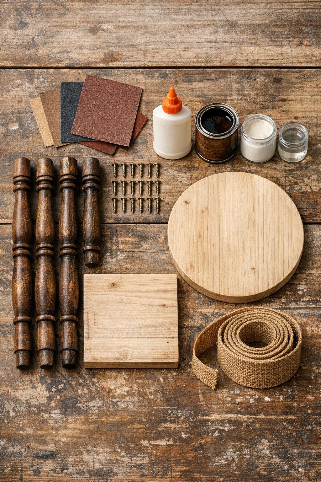 Materials for a spindle plant stand laid out on a worktable