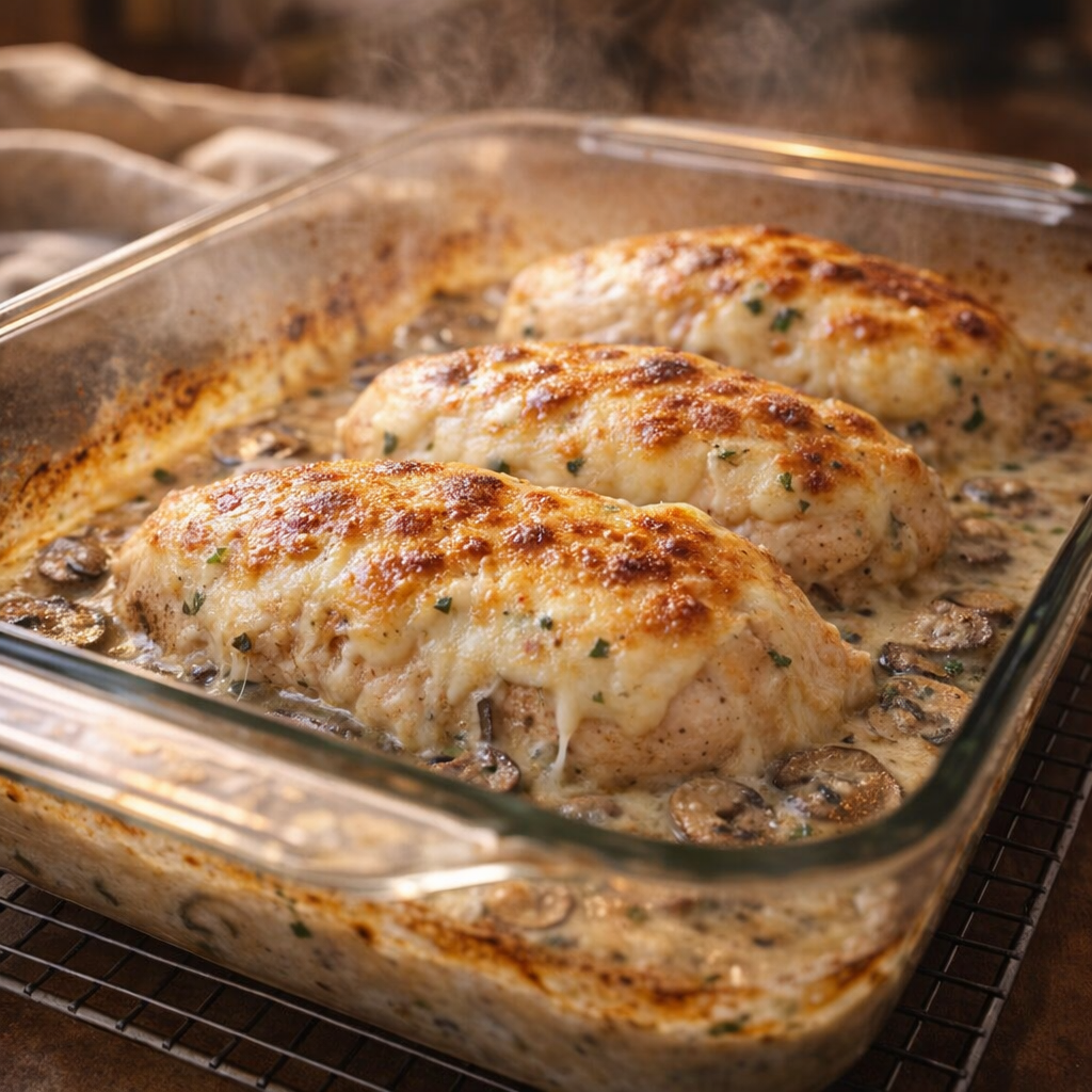 Golden Swiss chicken bake with browned edges