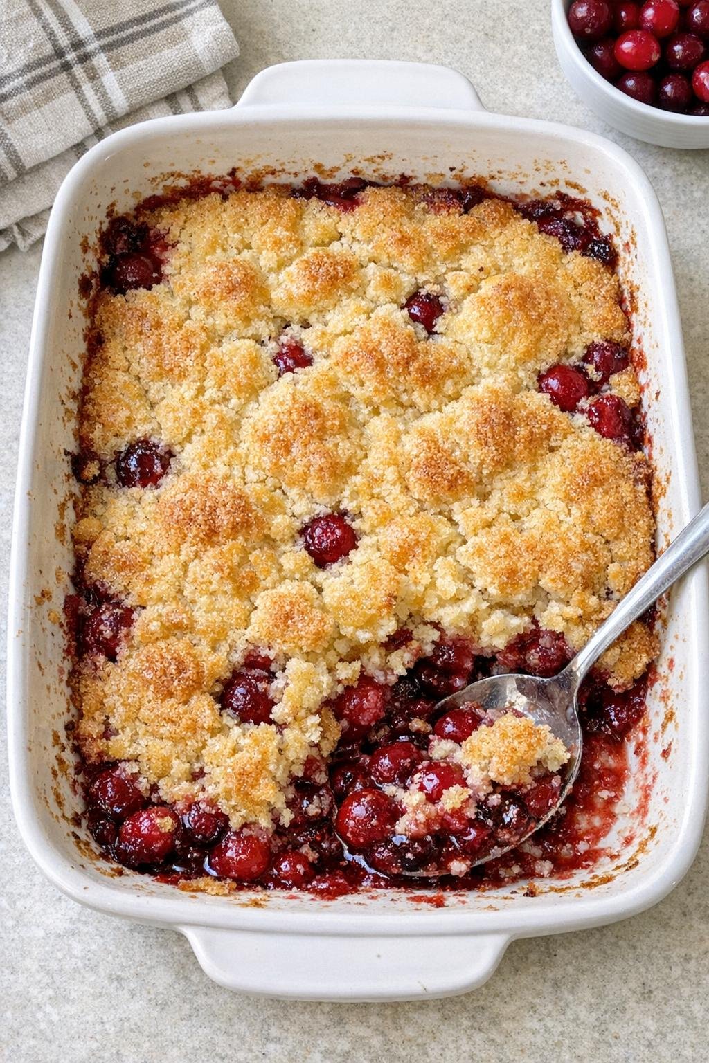 Finished baked cranberry dessert in a ceramic casserole dish