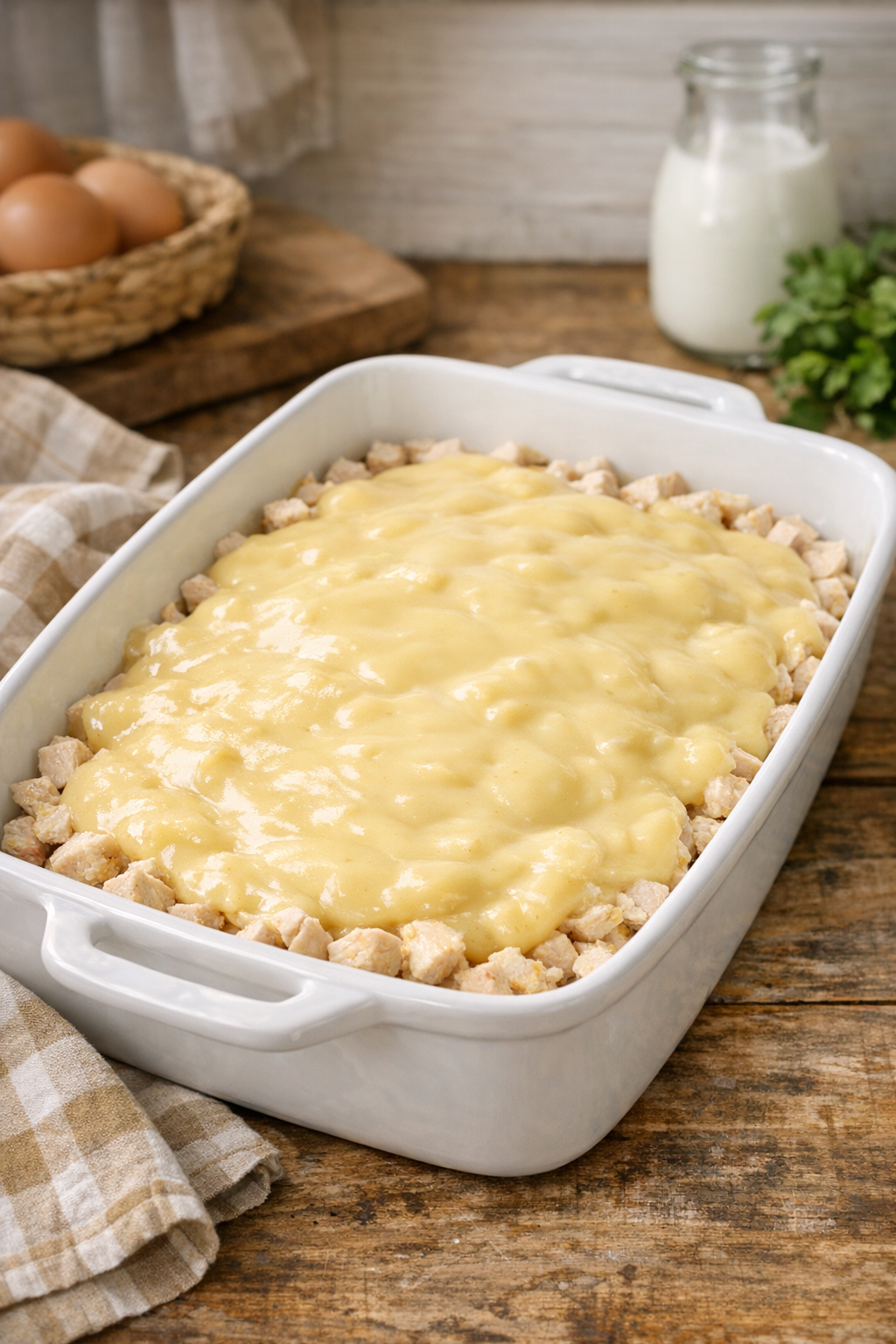 Chicken and soup layered in a baking dish