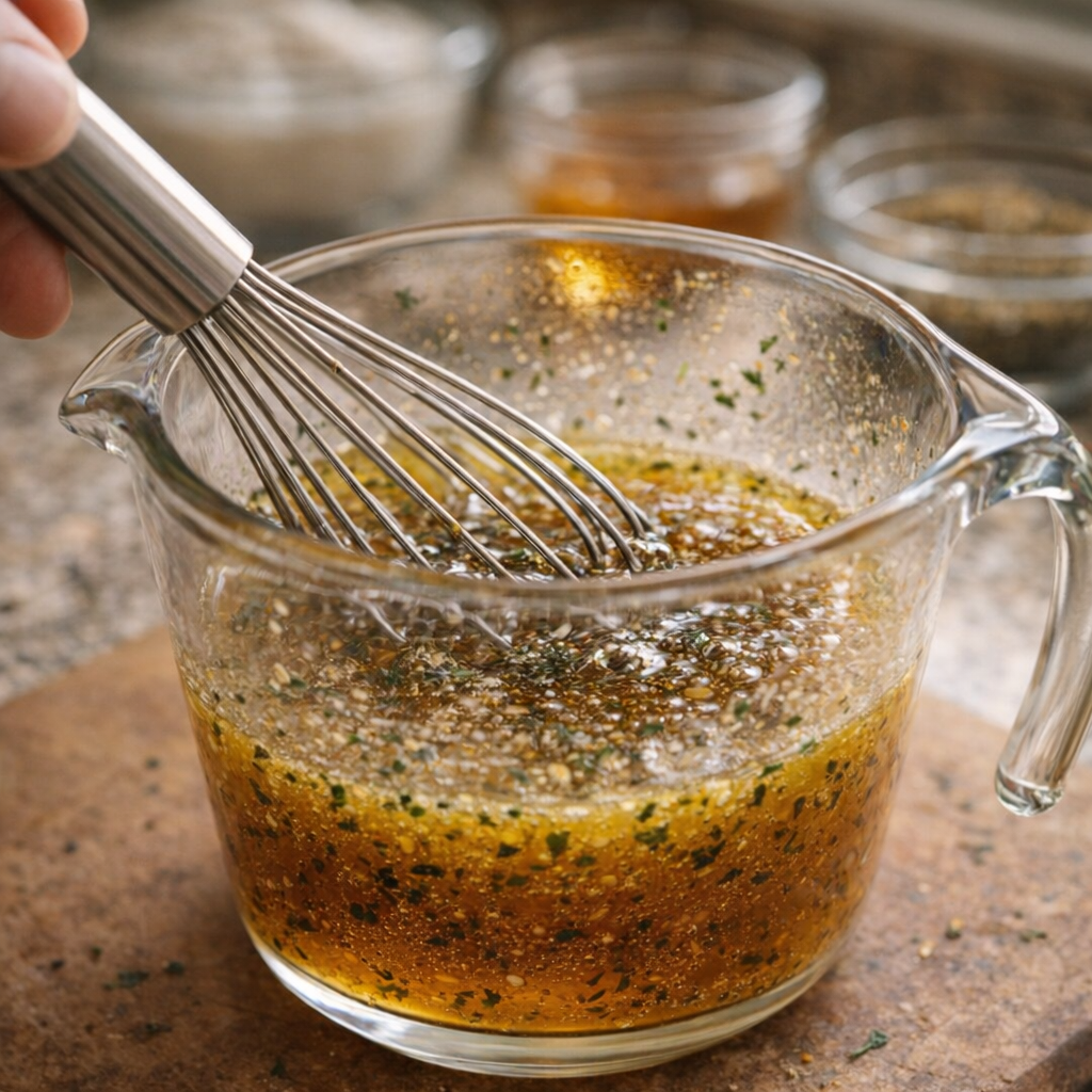 Herb butter glaze being whisked in a glass measuring cup