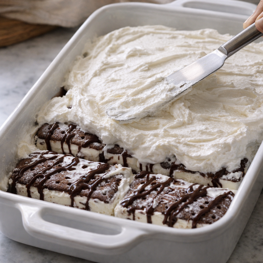 Whipped topping spread over chocolate-drizzled ice cream sandwiches