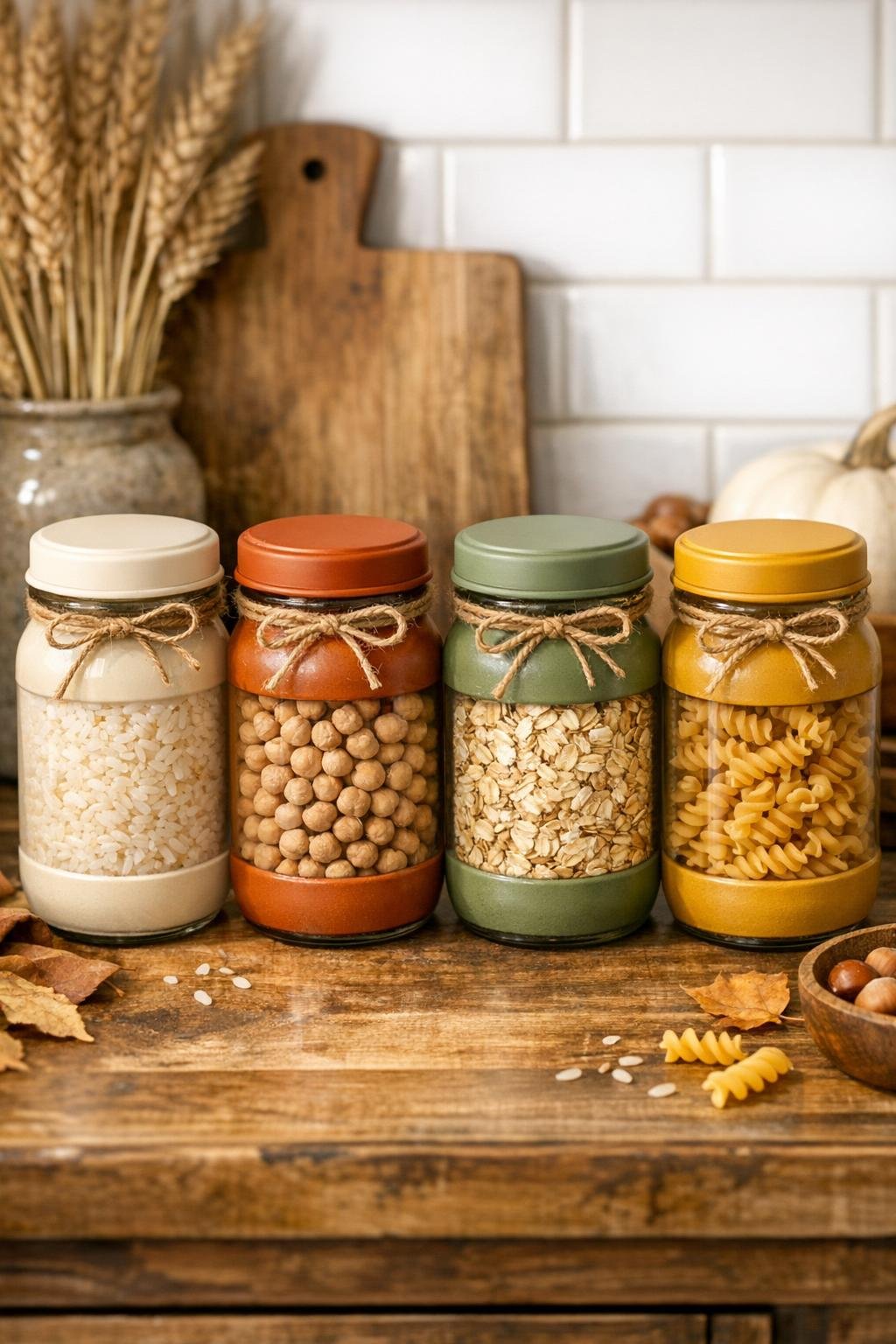 Finished set of four painted thrifted mustard jars styled as fall kitchen storage