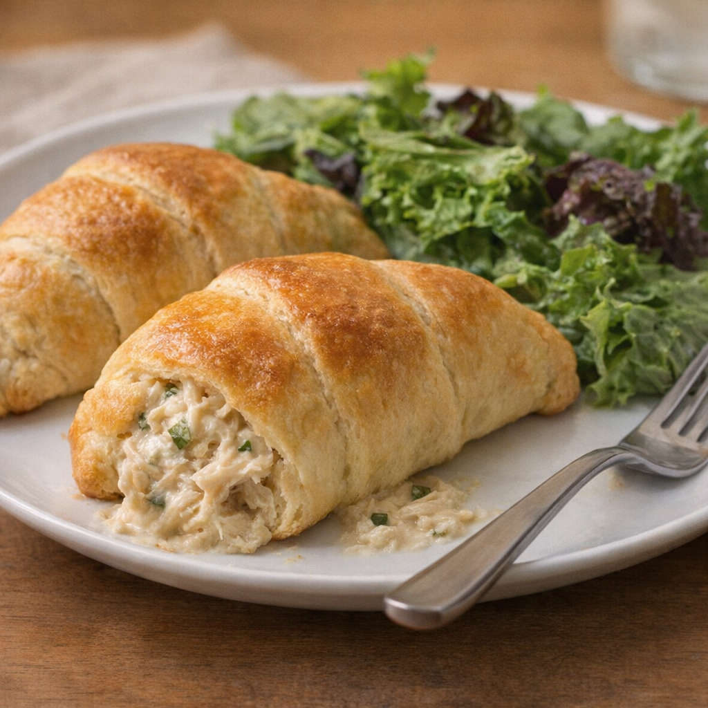 Serving of chicken crescent bake on a plate with salad