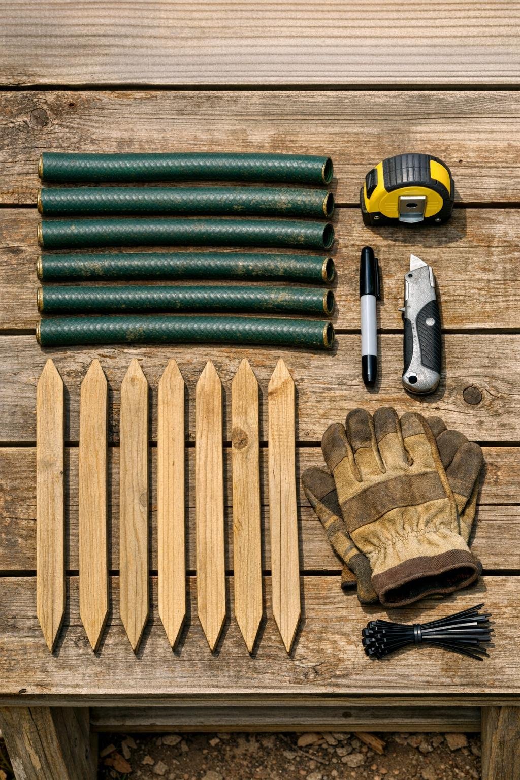 Garden hose offcuts and wooden stakes laid out for the project
