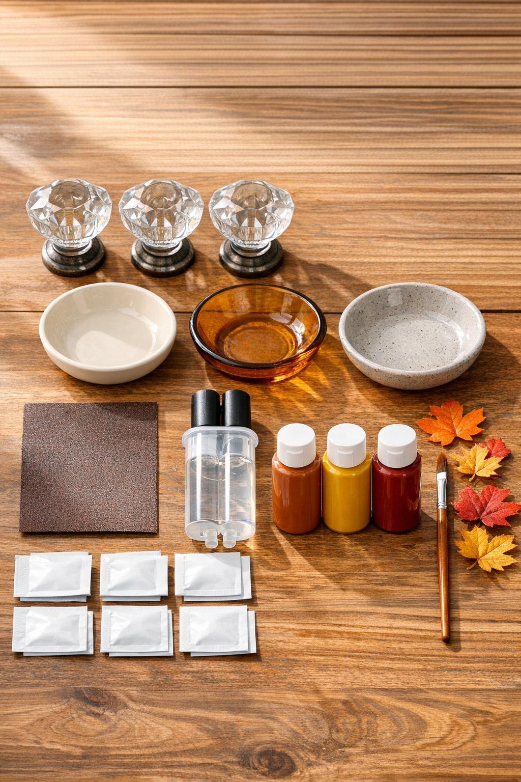 Materials for three autumn jewelry dishes laid out on a table