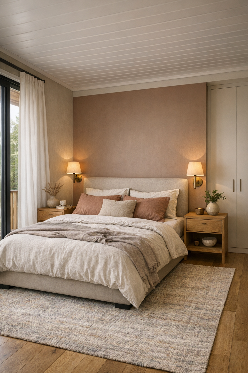 Calm bedroom with upholstered bed, oak nightstands, linen bedding, and soft drapery