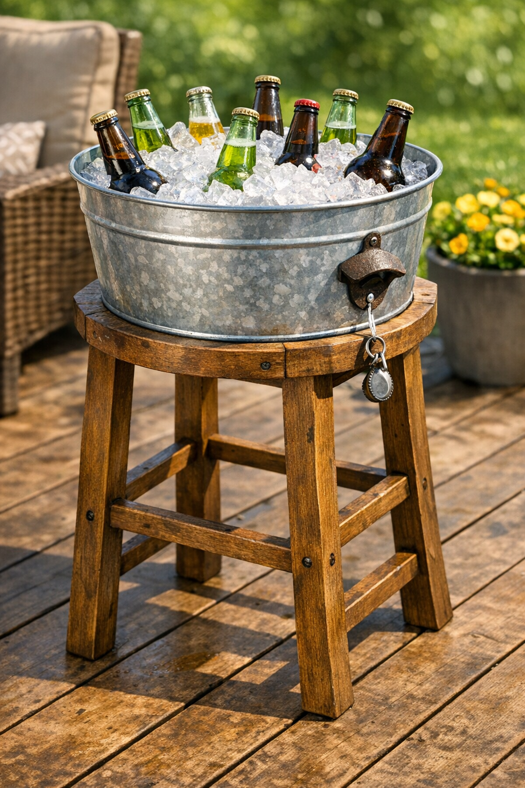Finished outdoor ice bucket stand made from a stool frame and galvanized bucket