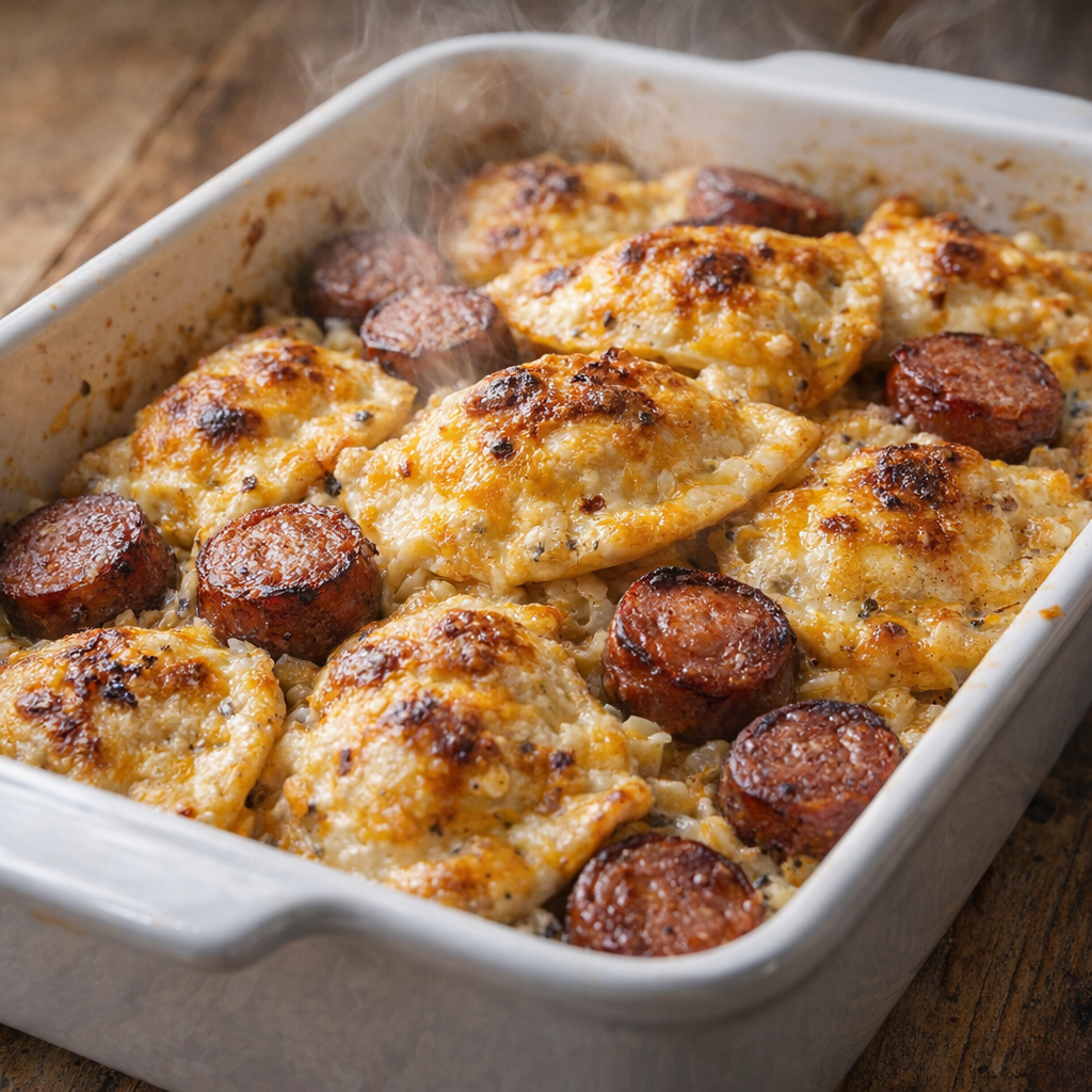 Freshly baked casserole with golden cheese top