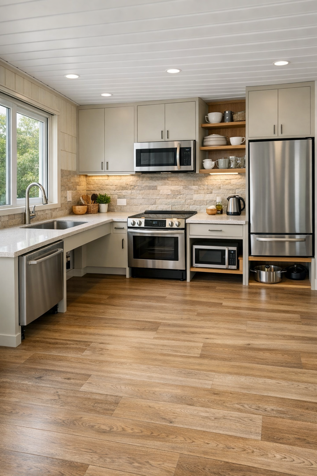 Accessible contemporary kitchen with light cabinetry, quartz counters, and warm wood accents