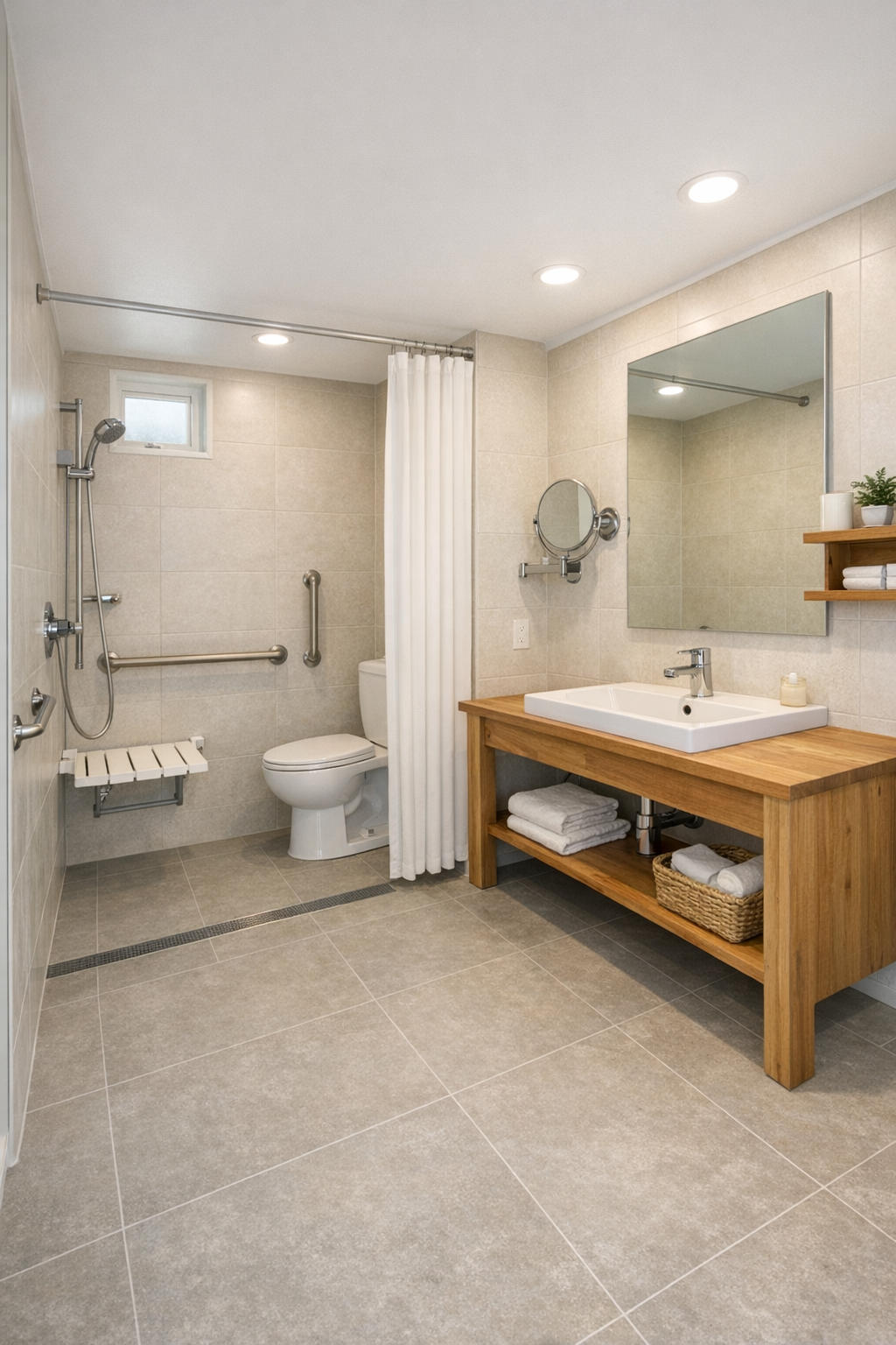 Light accessible bathroom with curbless shower, pale tile, and warm wood vanity