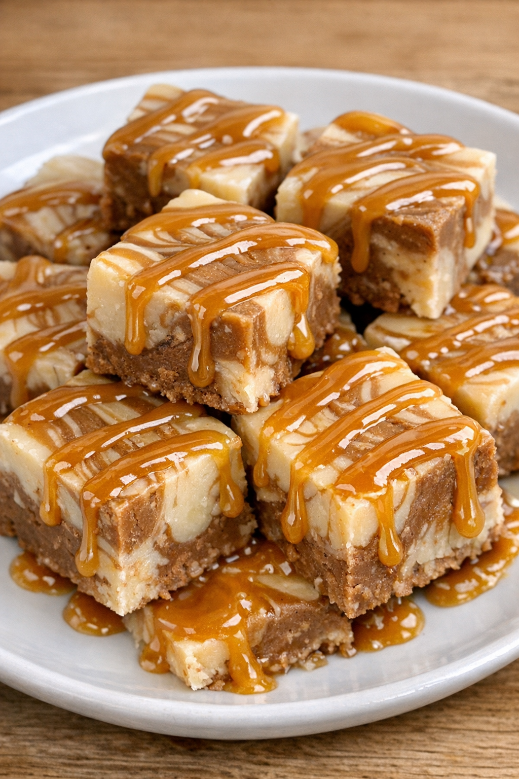 Slow cooker iced caramel macchiato fudge squares drizzled with caramel