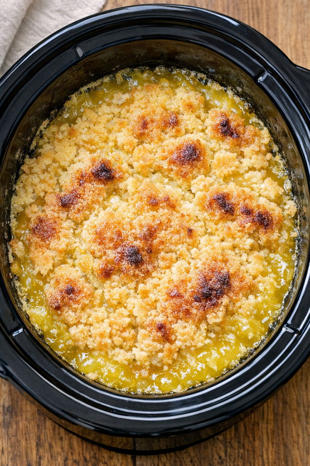 Cooked dump cake bubbling in the slow cooker