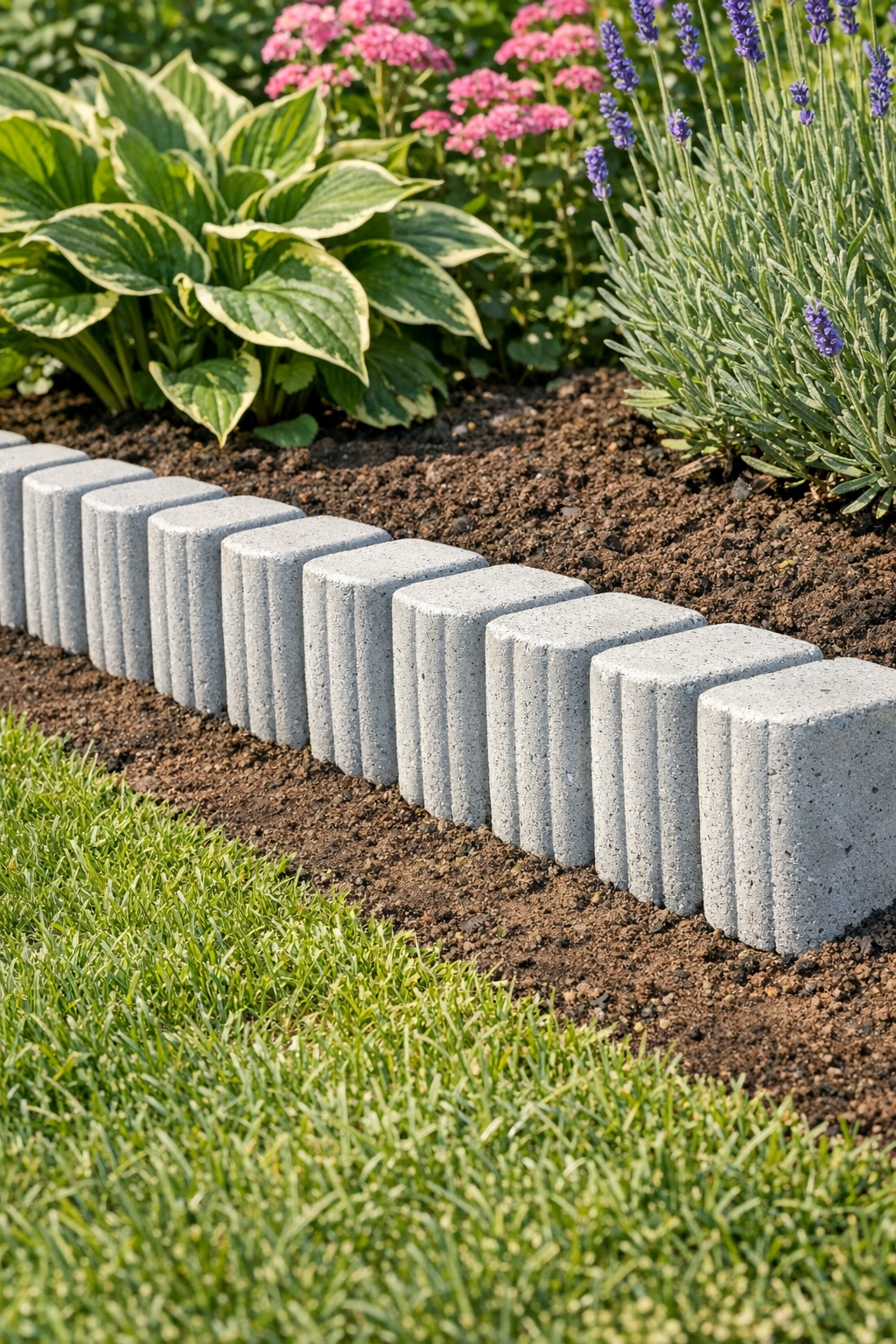 Finished ribbed concrete garden border installed along a planting bed