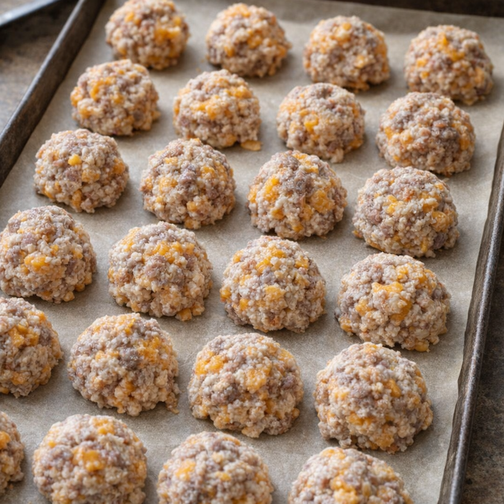 Unbaked sausage balls lined up on a parchment-lined pan