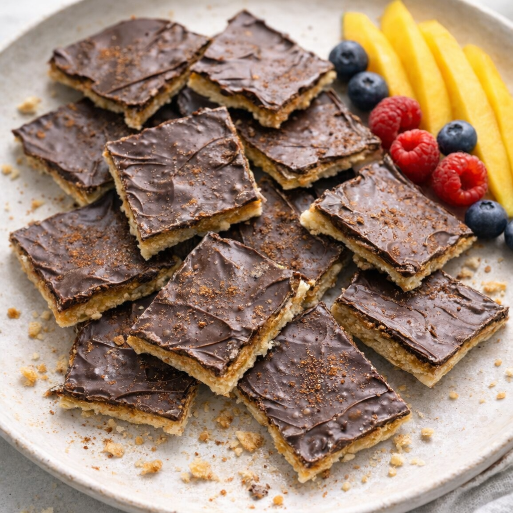 Broken pieces of chocolate saltine toffee on a serving platter