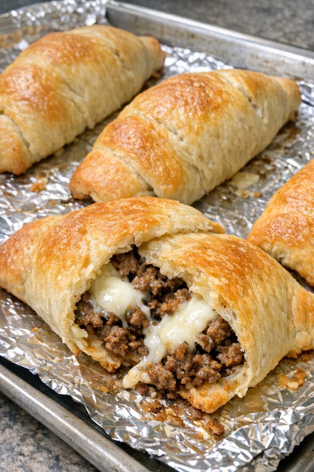 Golden beef crescent calzones with melted mozzarella