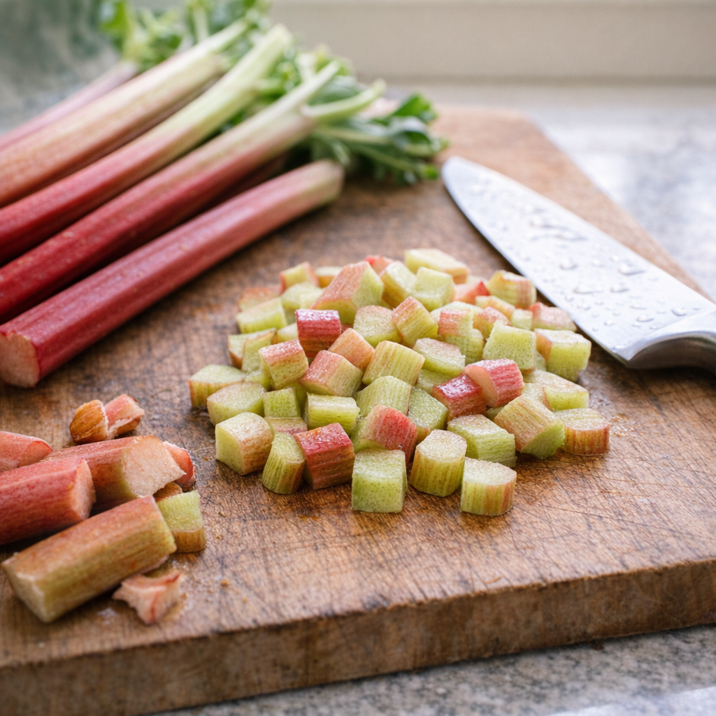 Chopped rhubarb on a cutting board