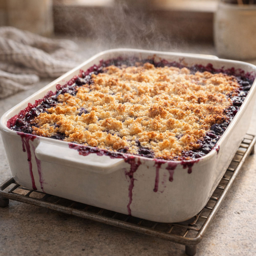 Freshly baked blueberry dessert cooling on the counter