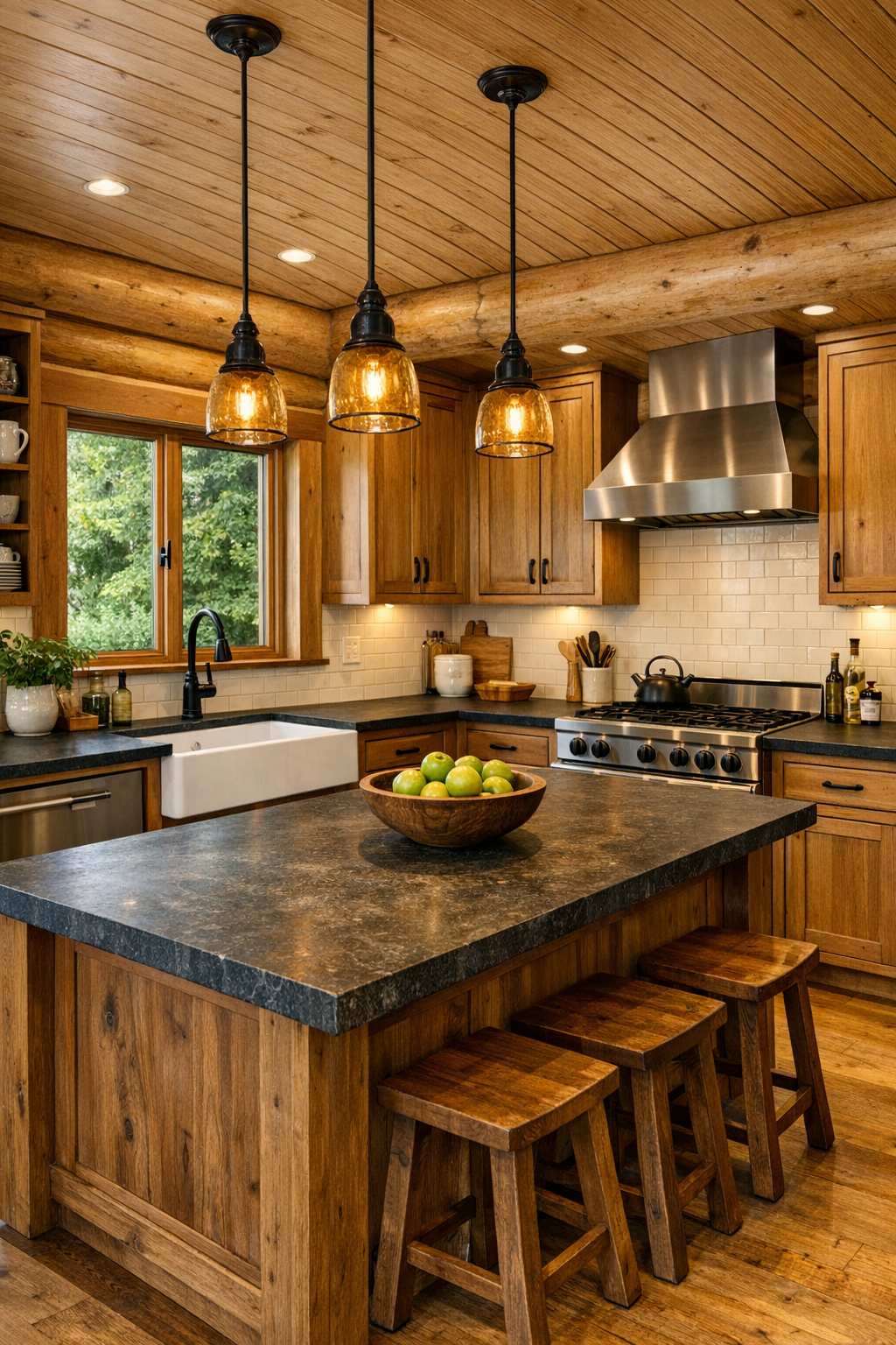 Custom log home kitchen with inset wood cabinets, dark counters, and a large furniture-style island