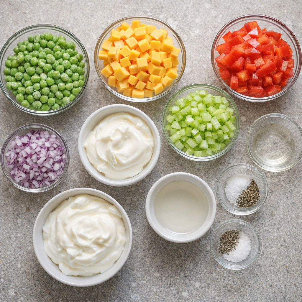 Prepped ingredients for pea salad on a kitchen counter