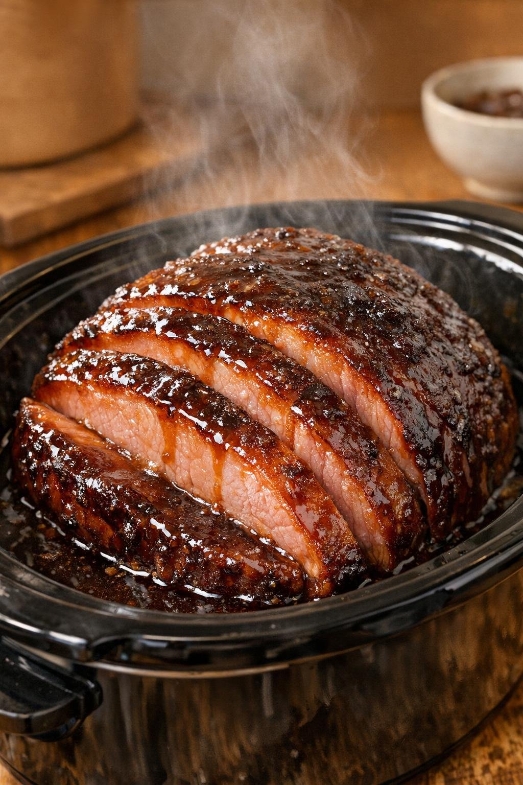 Ham glazed with darker brown sugar sauce