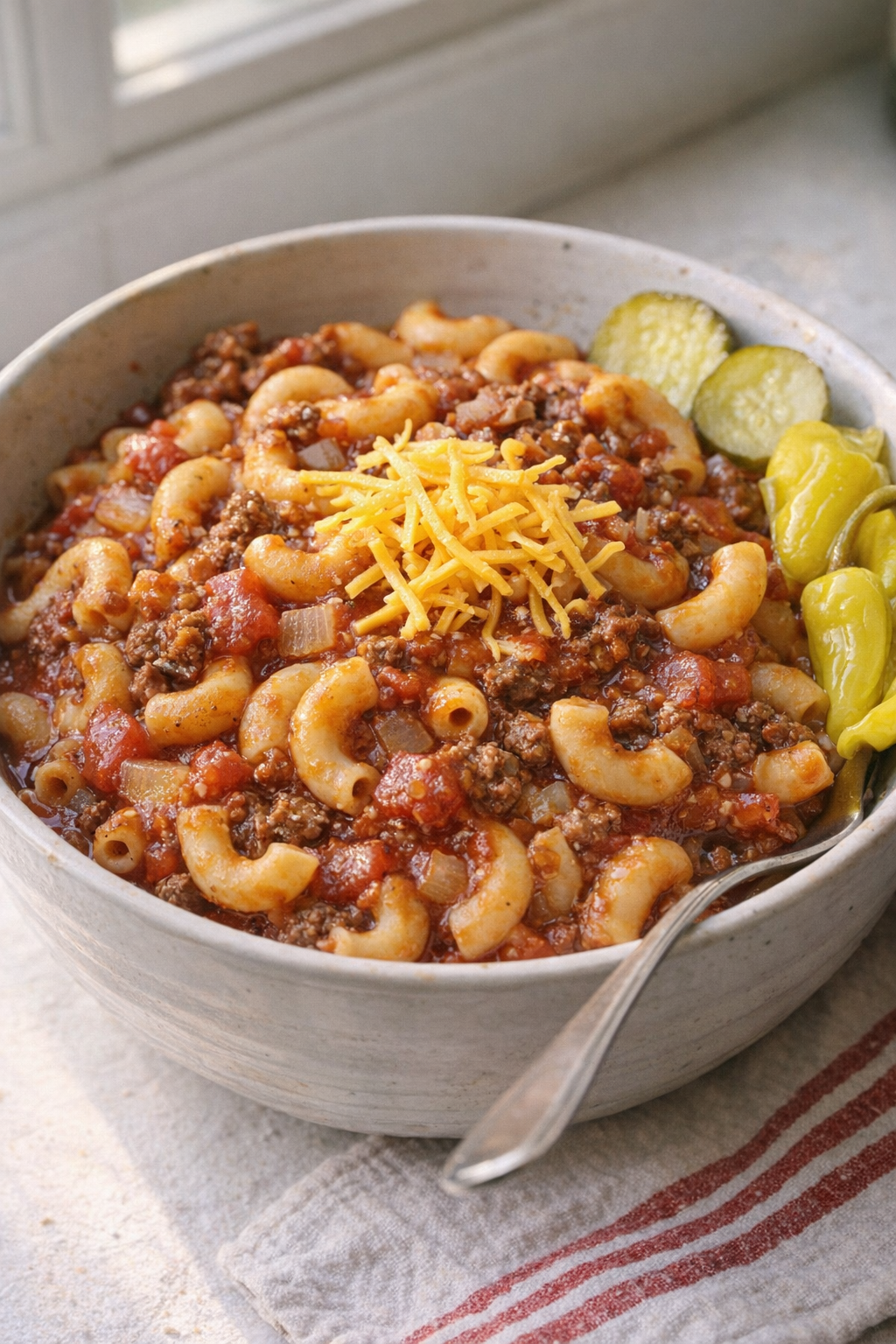 Bowl of goulash topped with shredded cheese and served with pickles