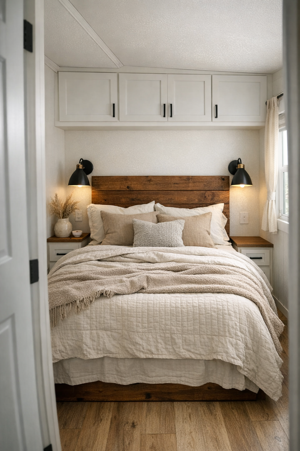 Serene modern farmhouse bedroom with layered neutral bedding, wood accents, and soft lighting