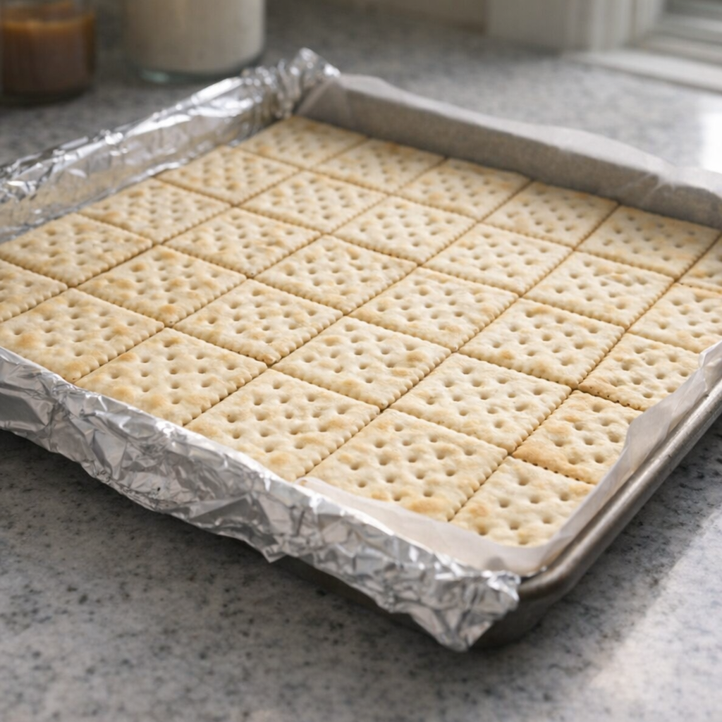 Sheet pan lined with saltine crackers before baking