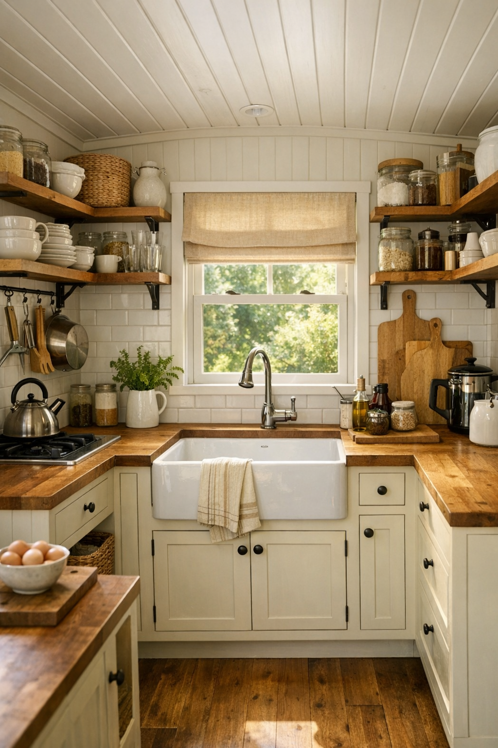 Handcrafted tiny home kitchen with inset cabinets, butcher block counters, and a farmhouse sink