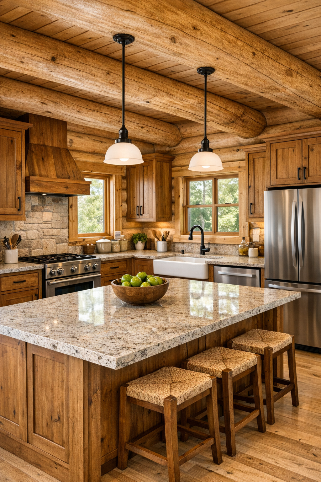 Kitchen with handcrafted wood cabinets, large island, and farmhouse sink in a cedar log home