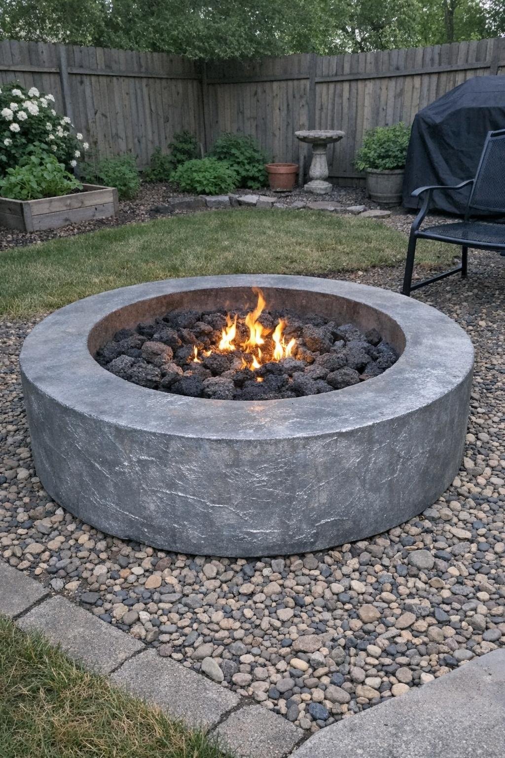 Concrete fire pit ring with foil texture in a backyard