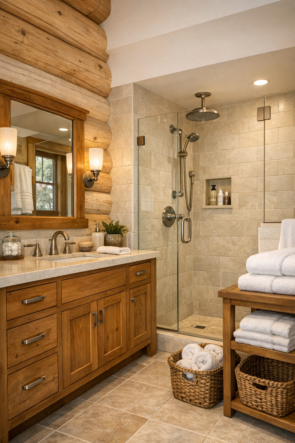 Bright bathroom with a wood vanity, pale stone surfaces, soft tile, and warm metal fixtures