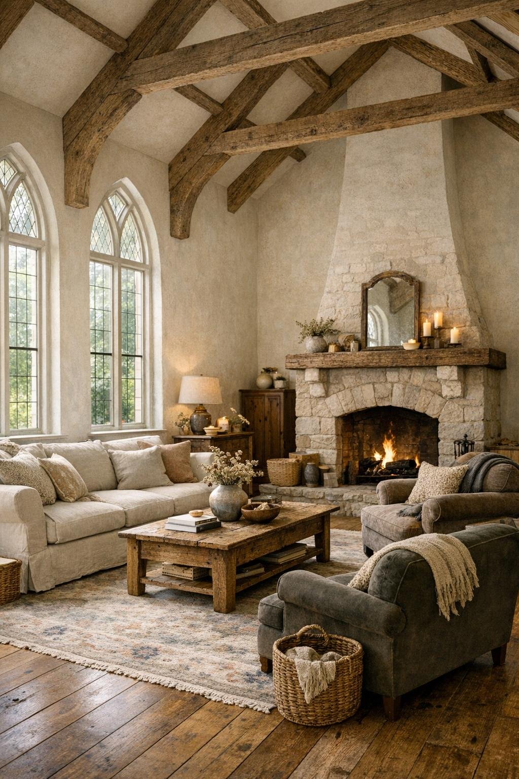 Living room with tall arched windows, exposed beams, linen seating, and a stone fireplace