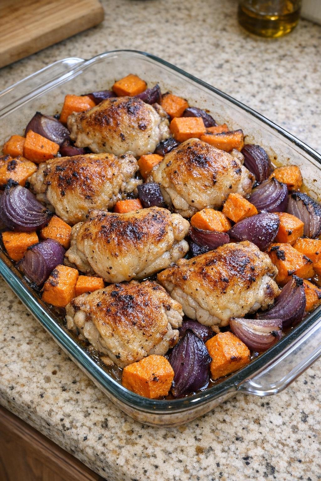 Finished baked chicken thighs with orange and purple vegetables in a glass casserole dish