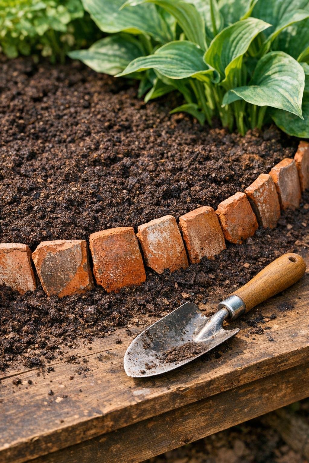 Finished terracotta shard root divider set in soil as a curved perennial barrier