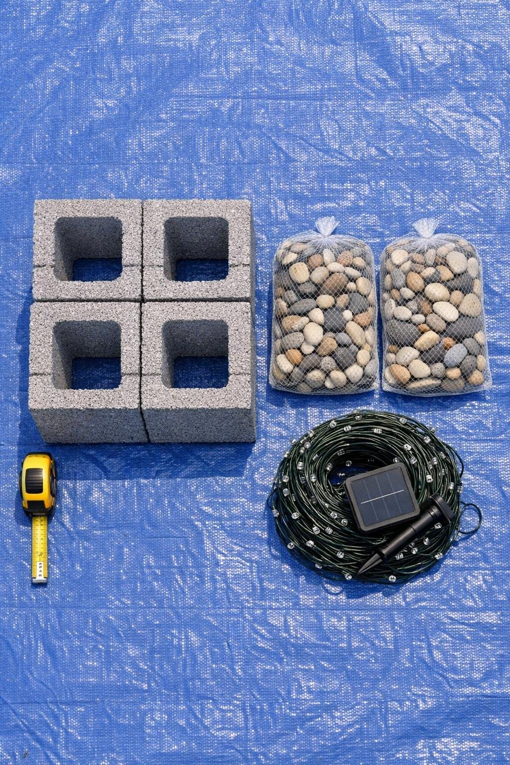 Materials for a cinder block raised bed corner stabilizer laid out together