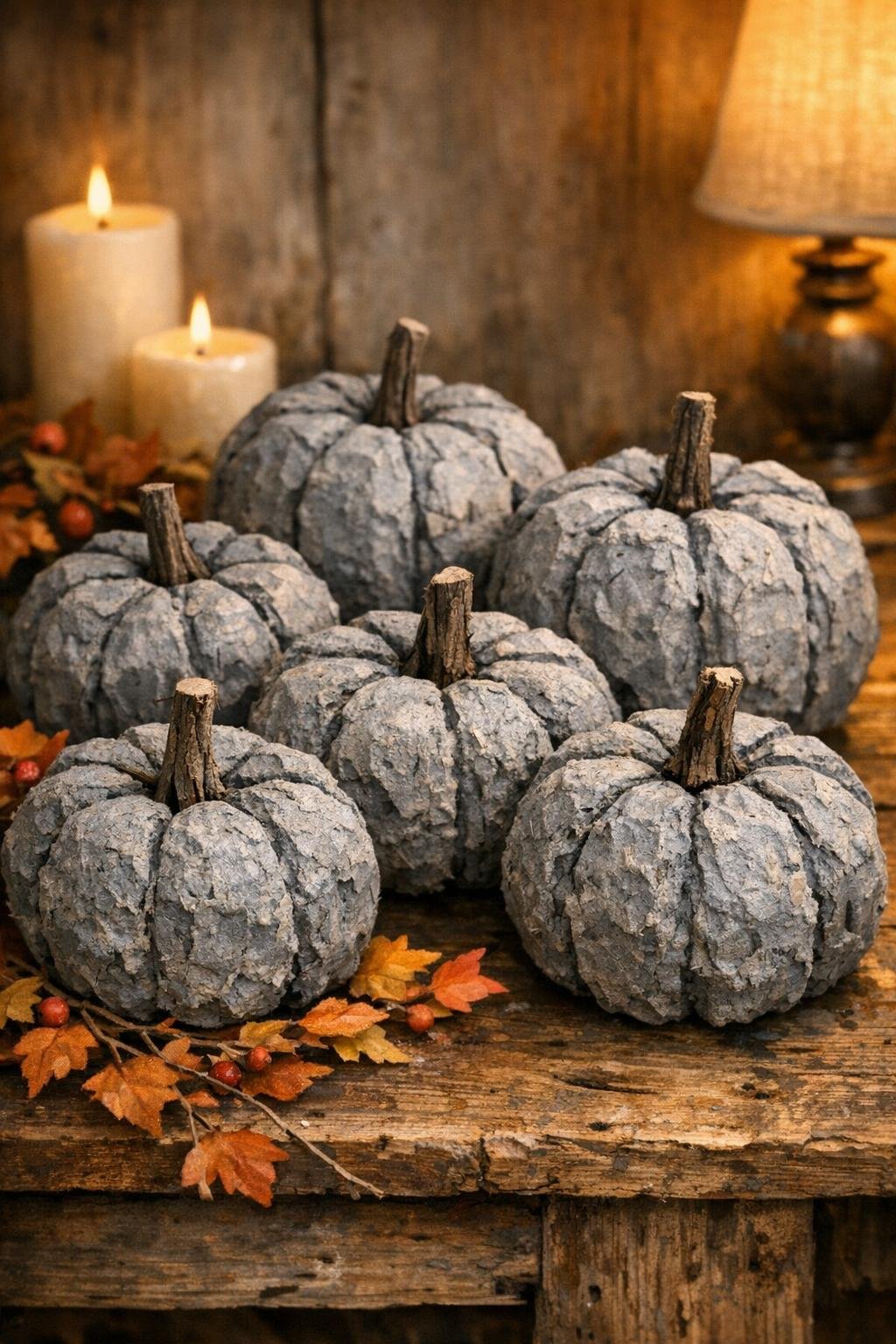 Finished stone-look pumpkins made from cardboard egg cartons styled for fall decor