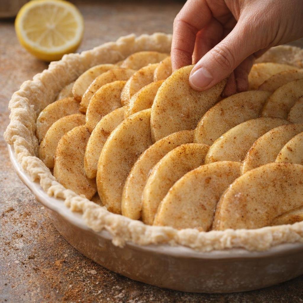 Seasoned apple slices being layered into a pie crust
