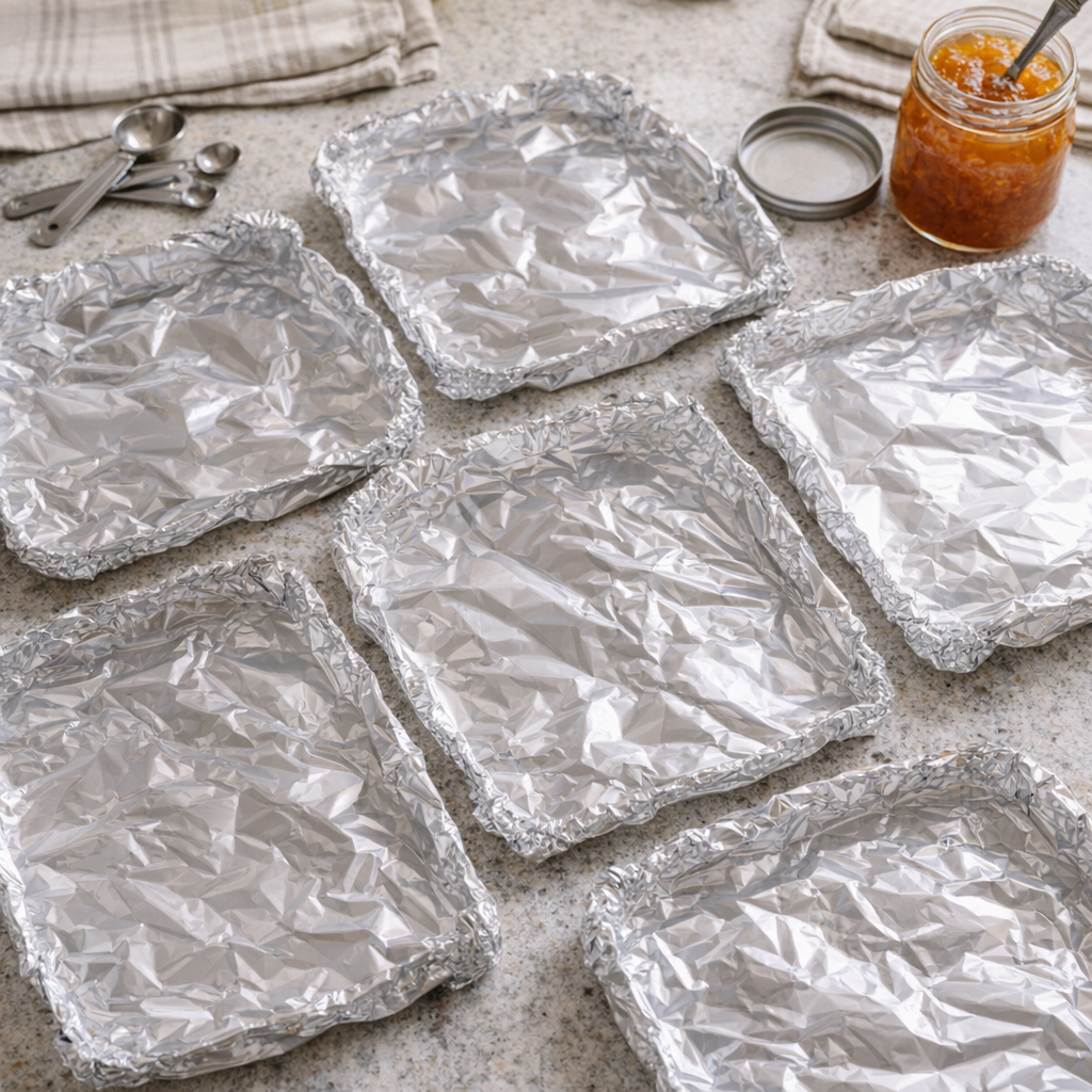 Foil sheets laid out for assembling pork packets