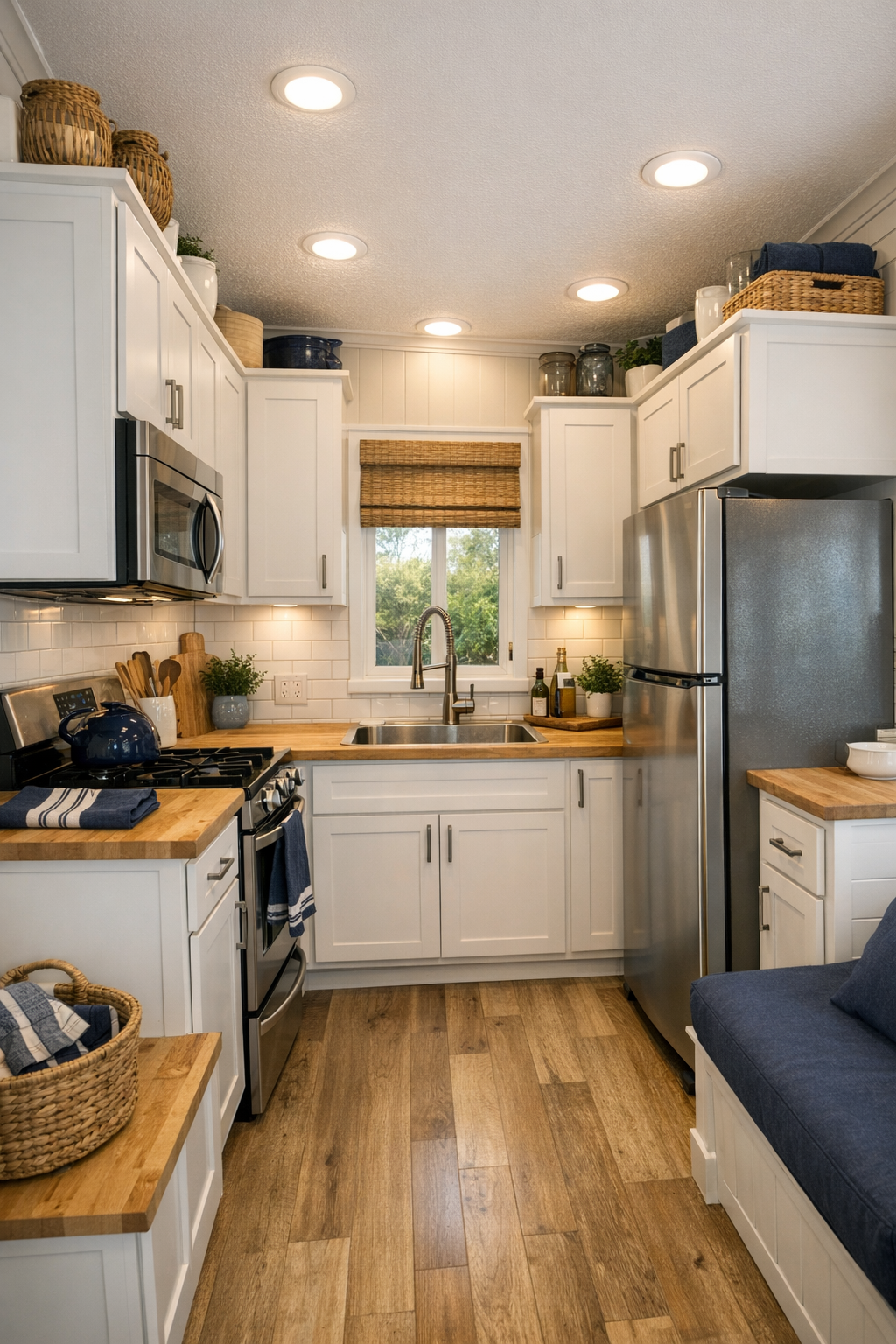 Compact coastal kitchen with white cabinets, light counters, and navy accents