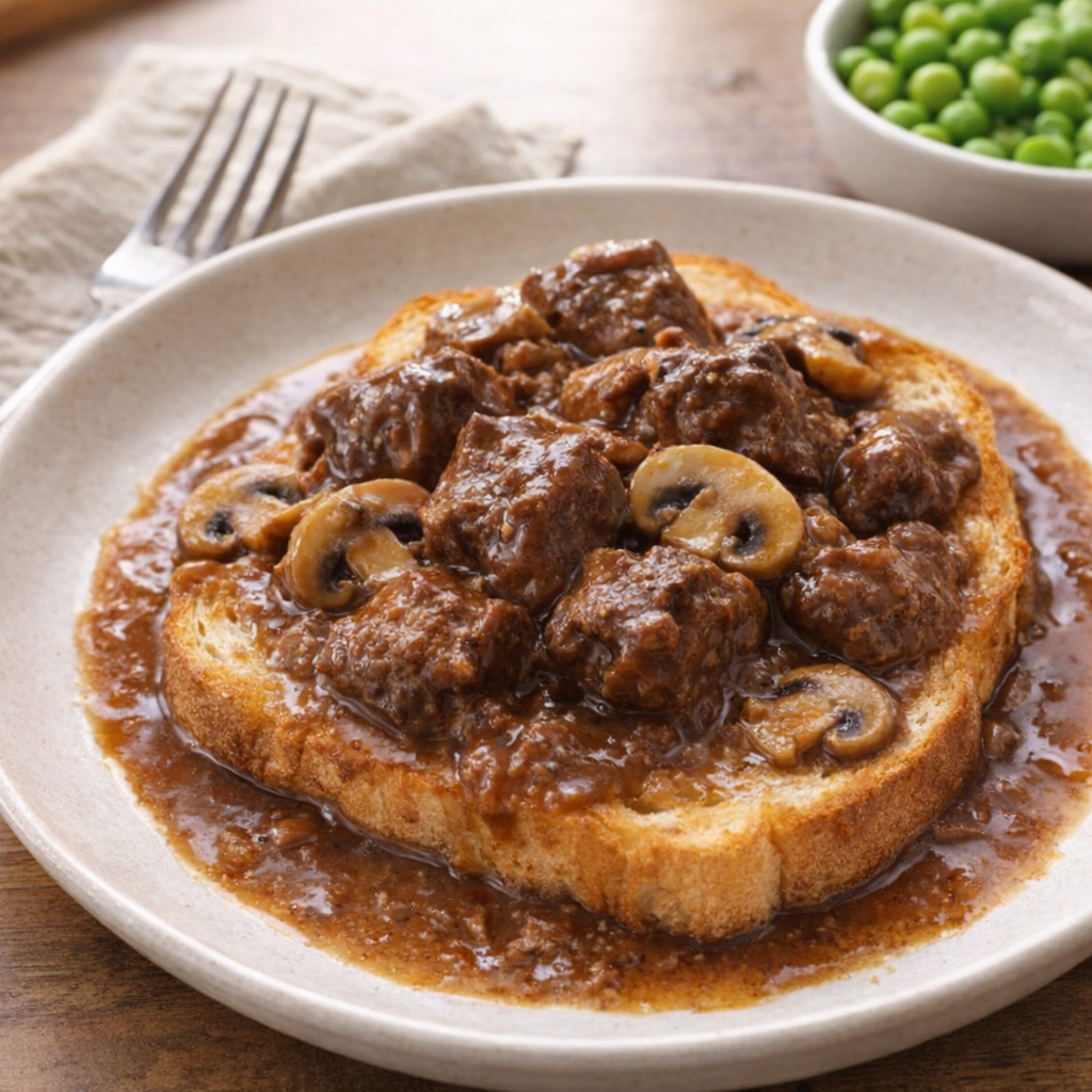 Restjes rundvleesreepjes met champignons, opgewarmd en geserveerd op toast.