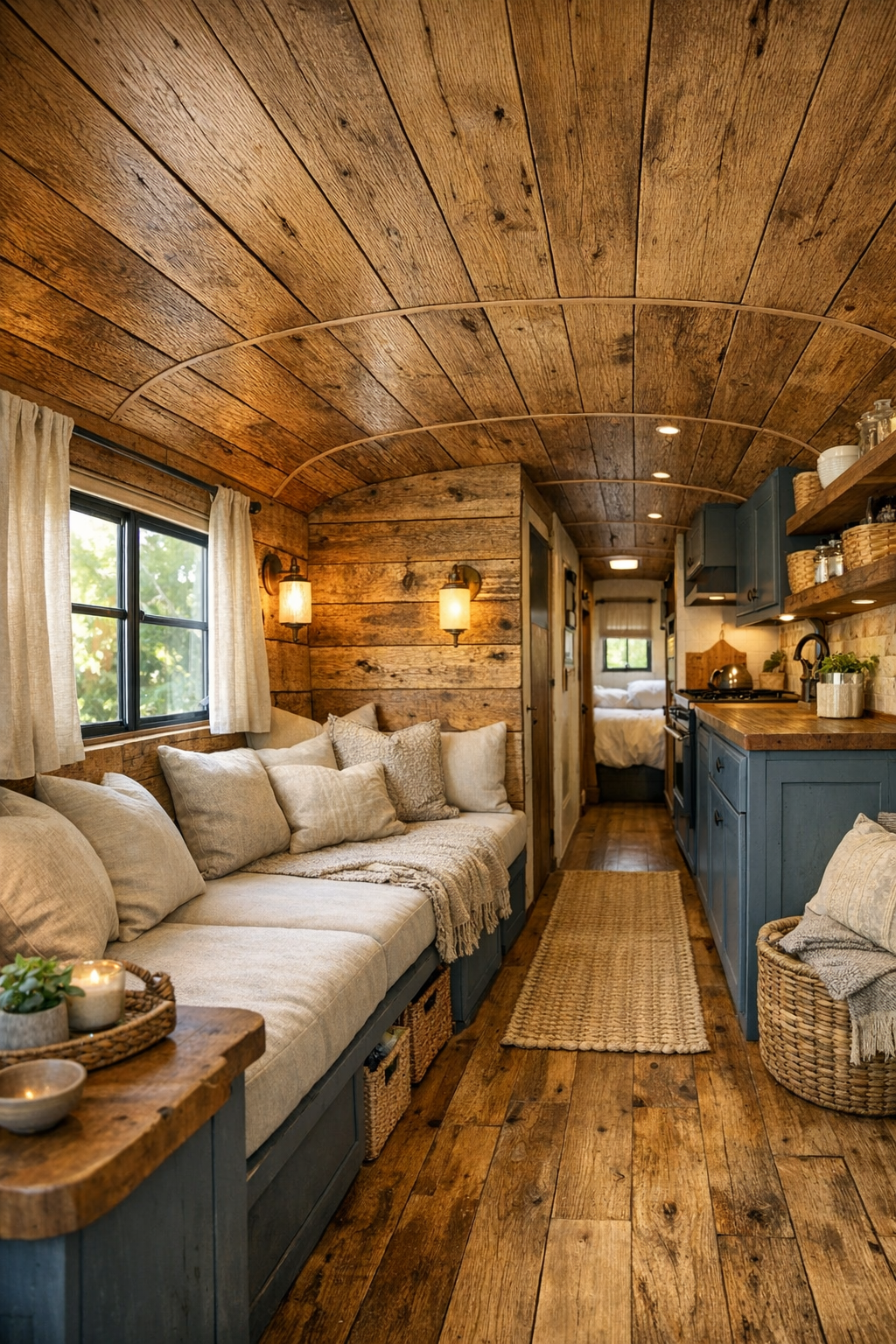 Cozy living room inside a converted bus with reclaimed bur oak walls, built-in bench seating, and warm natural light